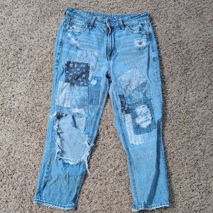 American Eagle Distressed Mom Straight Jeans with Patchwork Sz 4